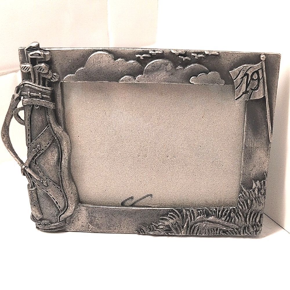 Golf Themed Pewter Picture Photo Frame Easel Back Vintage
